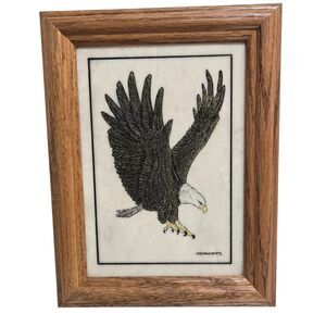 Vintage David R Mueller Bald Eagle Hunting Etched Marble Hand Painted Framed 5x7